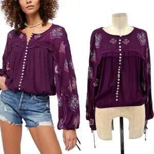 Free People‎ Sweet Emotion Top Long Sleeve Embroidered Crochet Button Purple XS